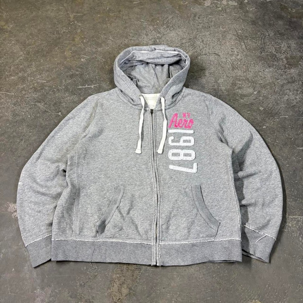 Aeropostale Womens XL Grey Zip Up Hoodie Y2K 1987 Graphic Skater Sweatshirt